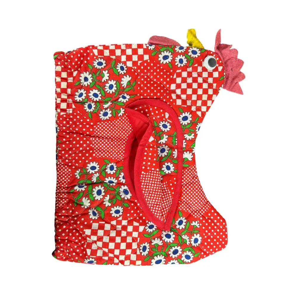 Cottage Quilted Red Chicken Rooster Kettle Cover Some Wear overall 12x8